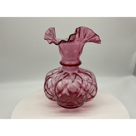 FENTON Cranberry Melon Vase Art Glass Optic Coin Dot Vase Ruffled Edge 8" Tall - Picture 12 of 16